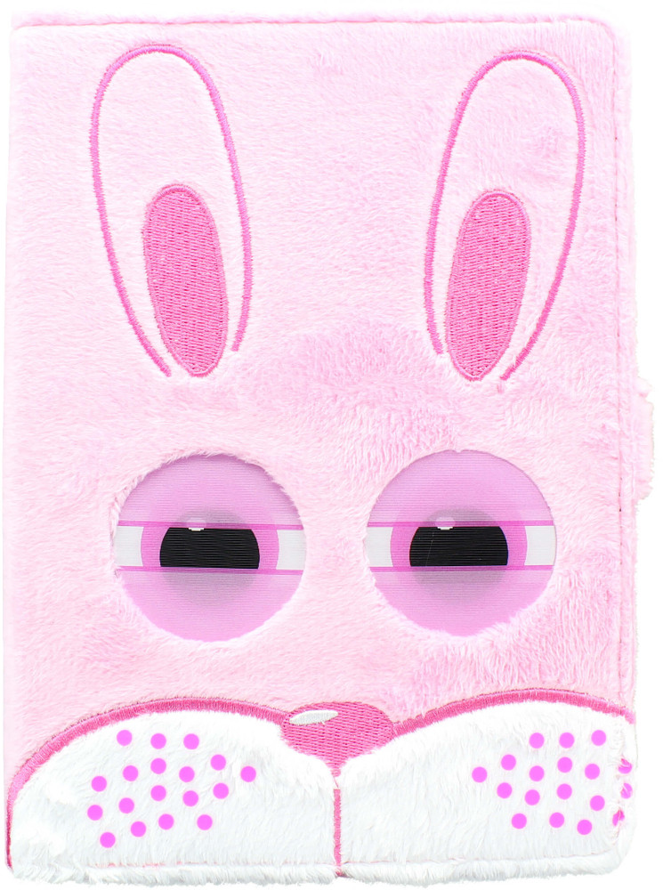 Una funda de cuaderno rosa y peluda con cara de conejo, orejas largas, ojos somnolientos y hocico blanco con puntos rosas.