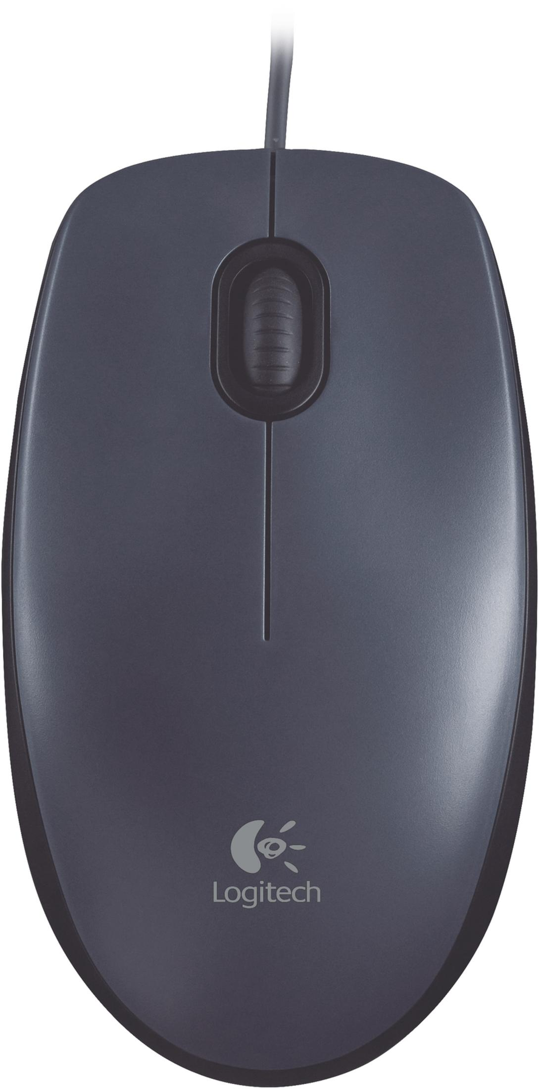 Un ratón de ordenador Logitech gris con cable y rueda de desplazamiento sobre fondo blanco.