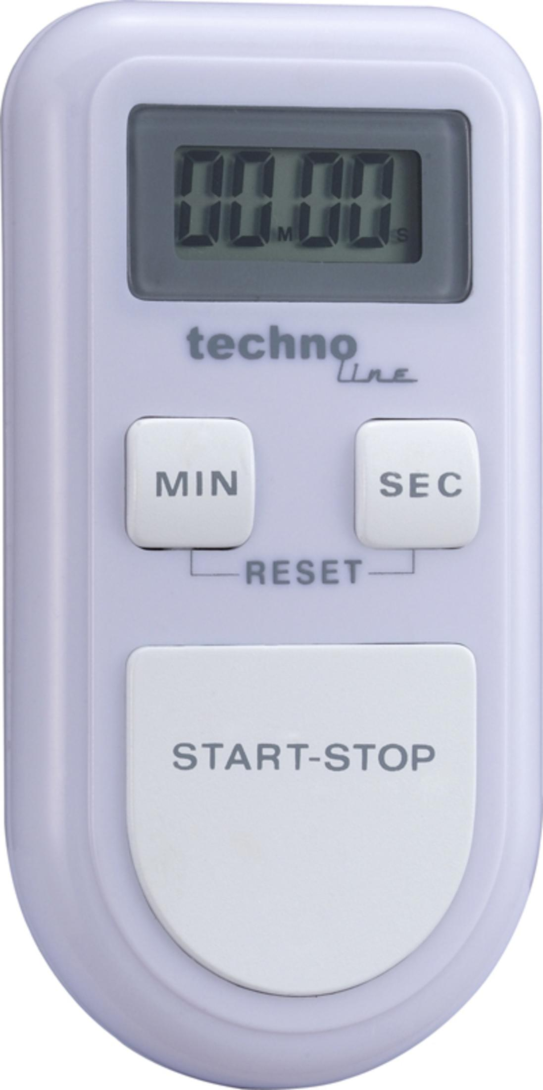 Ein weißer digitaler Küchenwecker von Techno Line mit Digitalanzeige, Min- und Sec-Tasten sowie Start-Stopp-Taste.
