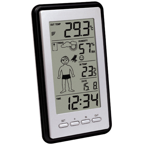 Digitale Wetterstation mit schwarzem Rand zeigt Aussentemperatur, Luftfeuchtigkeit, Innentemperatur, Datum und Zeit.