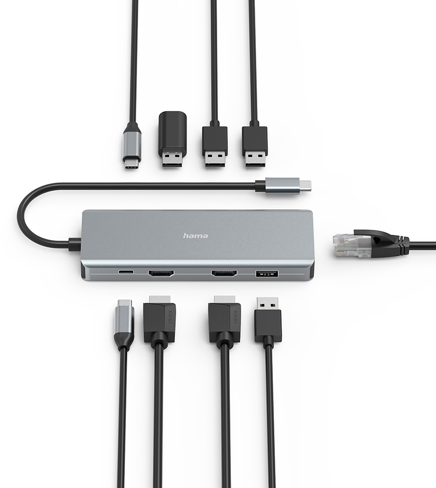 Un hub USB-C Hama grigio con vari cavi e connettori collegati su uno sfondo bianco.