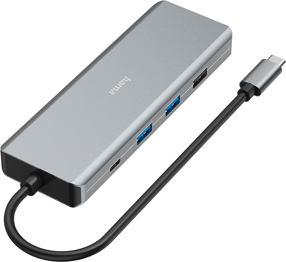 Un hub USB-C Hama grigio con più porte e un cavo nero su sfondo bianco.