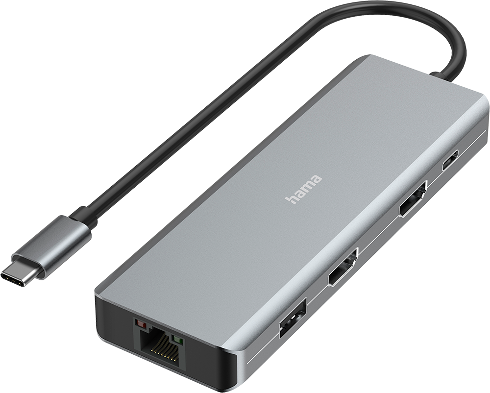 Un hub USB-C Hama grigio con cavo collegato e porte multiple su una superficie bianca.