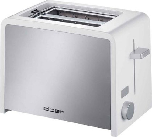 Ein weiß-silberner Langschlitztoaster mit Hebel und Drehregler auf weißem Hintergrund.