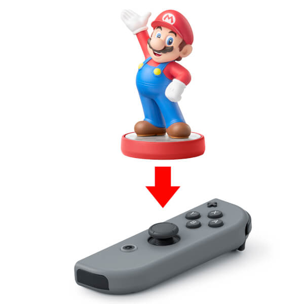 Una statuetta di Mario su una base rossa, con una freccia rossa che punta in basso verso un controller grigio di Nintendo Switch.