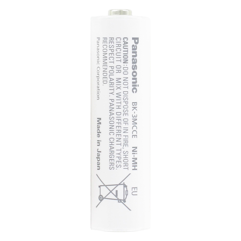 Eine weiße Panasonic Eneloop AA-NiMH-Wiederaufladbare Batterie mit Text und Symbolen.