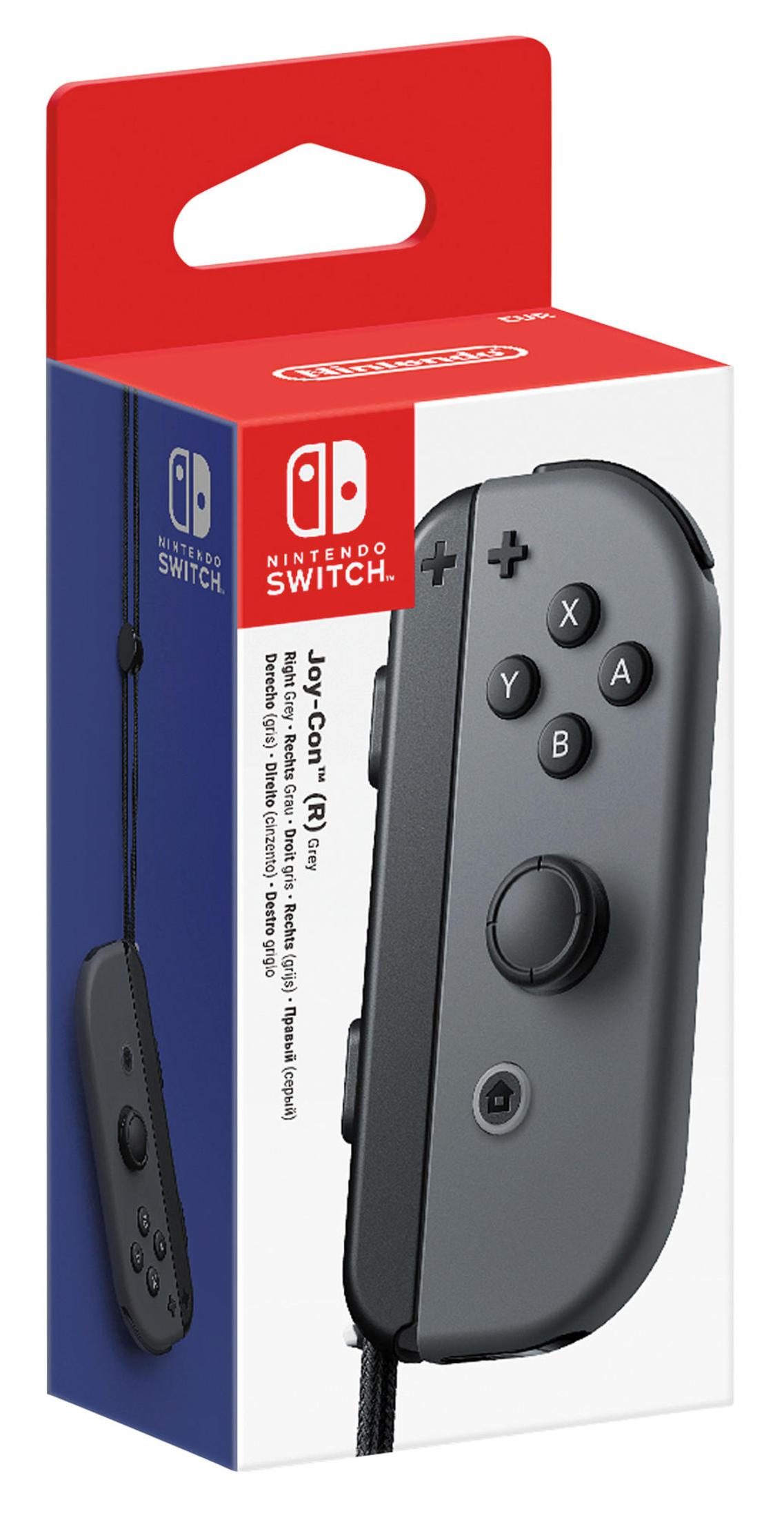 Packaging for a grey Nintendo Switch Joy-Con (R) controller with an attached wrist strap.
