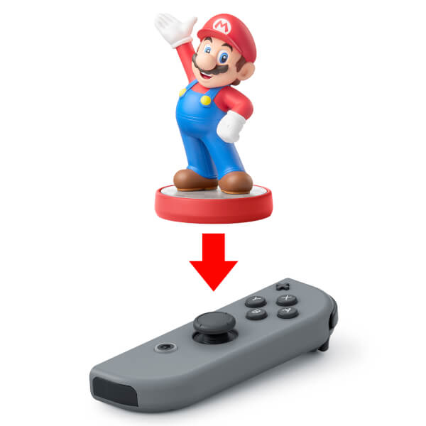 Mario amiibo figure points down with a red arrow toward a grey Nintendo Switch Joy-Con controller.