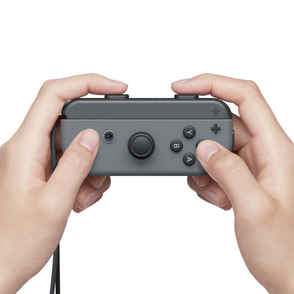 Two hands hold a gray Joy-Con controller with a joystick and buttons against a white background.