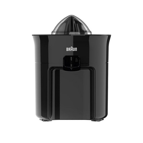 Un exprimidor de cítricos Braun negro con una tapa transparente, sobre fondo blanco.
