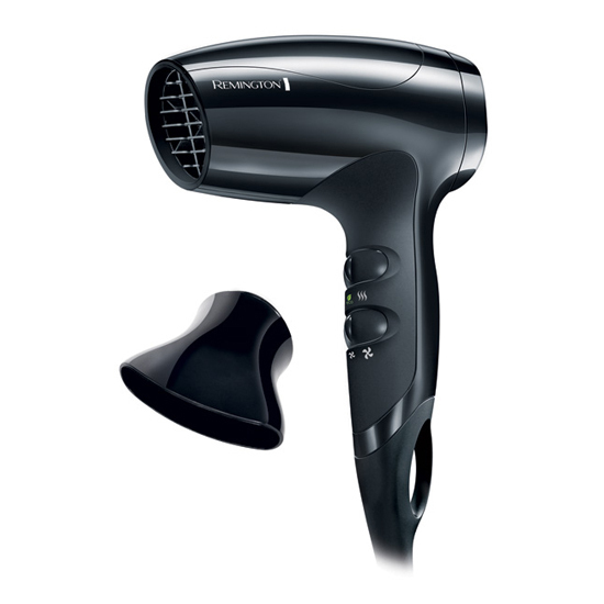 A glossy black Remington hair dryer with a nozzle attachment against a white background.