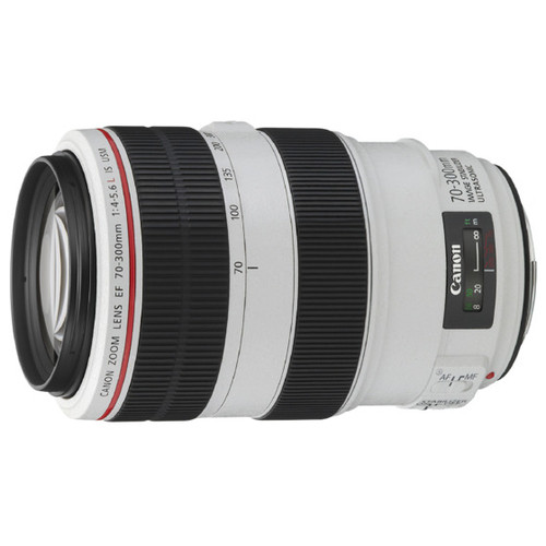 Ein weißes Canon 70-300mm Teleobjektiv mit schwarzen Gummiringen und rotem Ring, horizontal auf weißem Hintergrund.