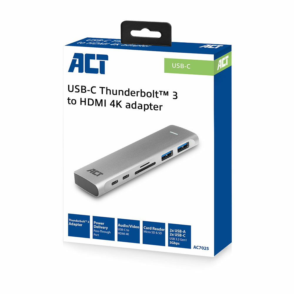 Confezione di un adattatore ACT da USB-C Thunderbolt 3 a HDMI 4K con immagine di adattatore grigio.