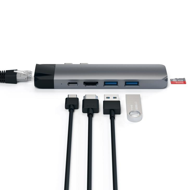 A gray USB-C hub with connected cables, a USB drive, an SD card, and Ethernet.