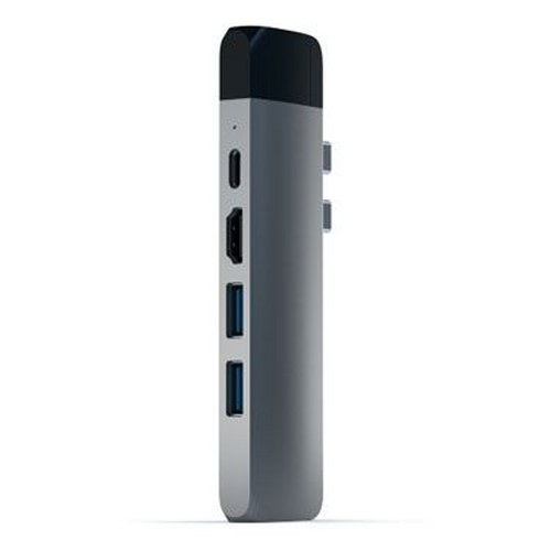 Gray USB-C hub featuring multiple ports, including USB-A and HDMI, displayed against a plain white background.