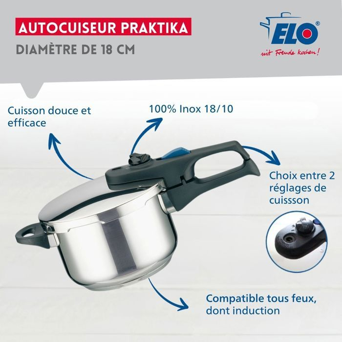 Elo Praktika 18cm Edelstahldampfkochtopf mit Eigenschaften und weißem Hintergrund.