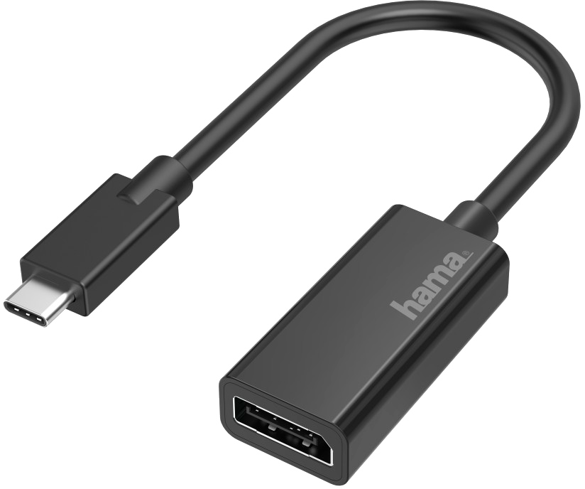 Czarny adapter Hama USB-C na DisplayPort z krótkim kablem.