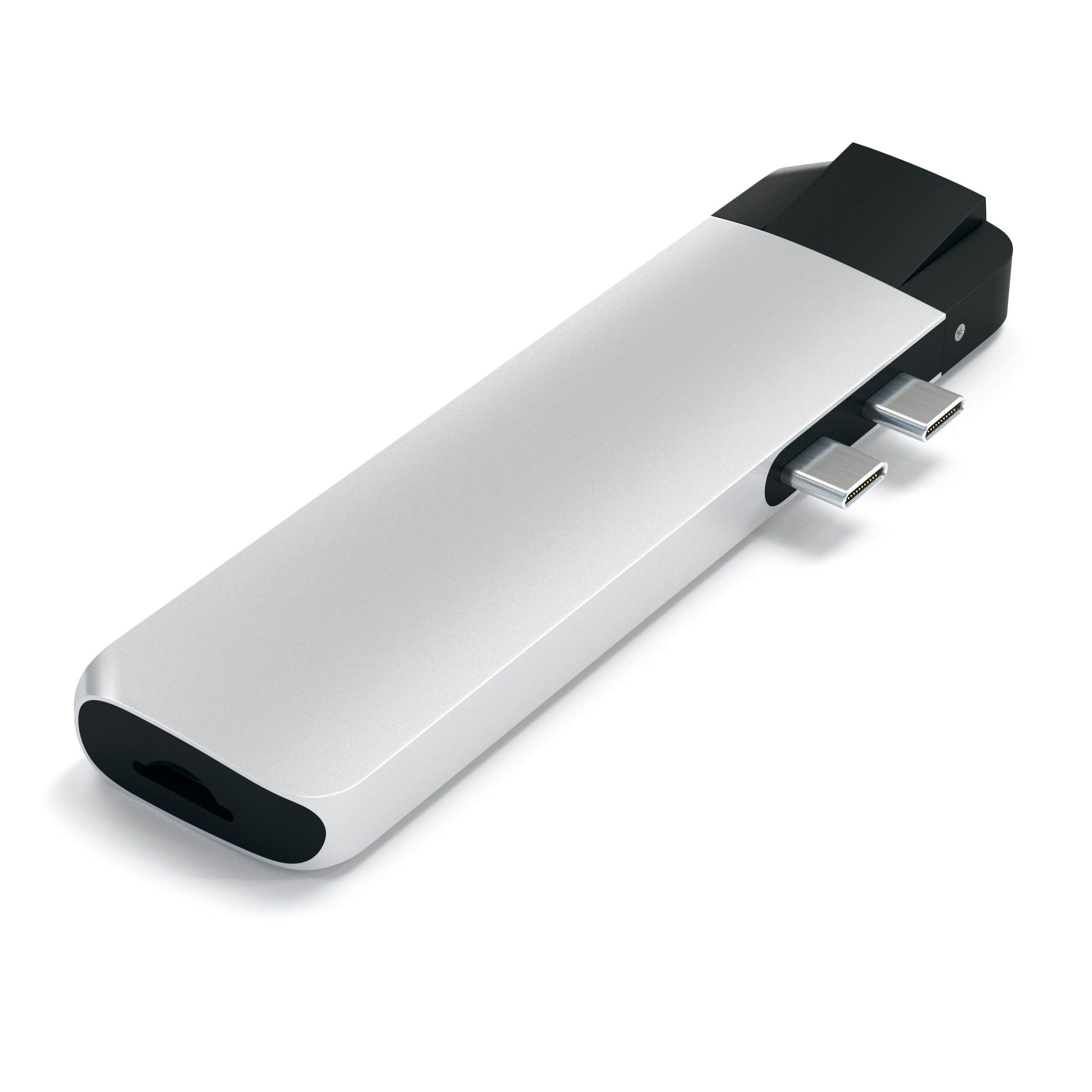 A silver and black USB-C hub with two connector plugs on a white background.