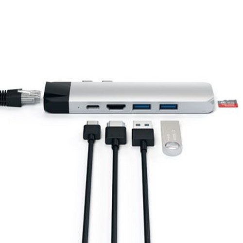 Silver USB-C hub with multiple cables and ports on a white background.