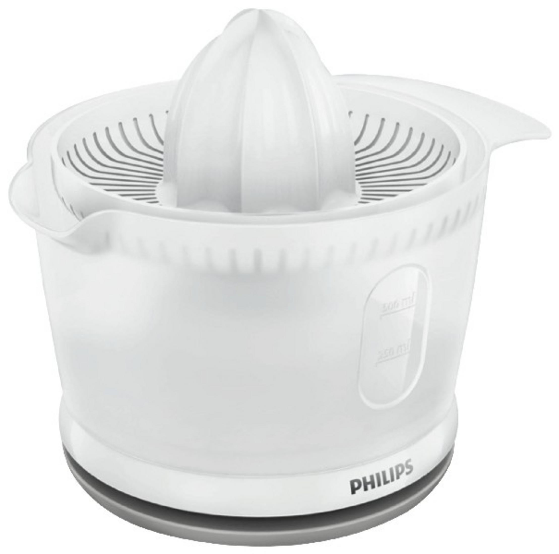 Exprimidor de cítricos Philips blanco con recipiente translúcido, colador y cono exprimidor sobre base gris.