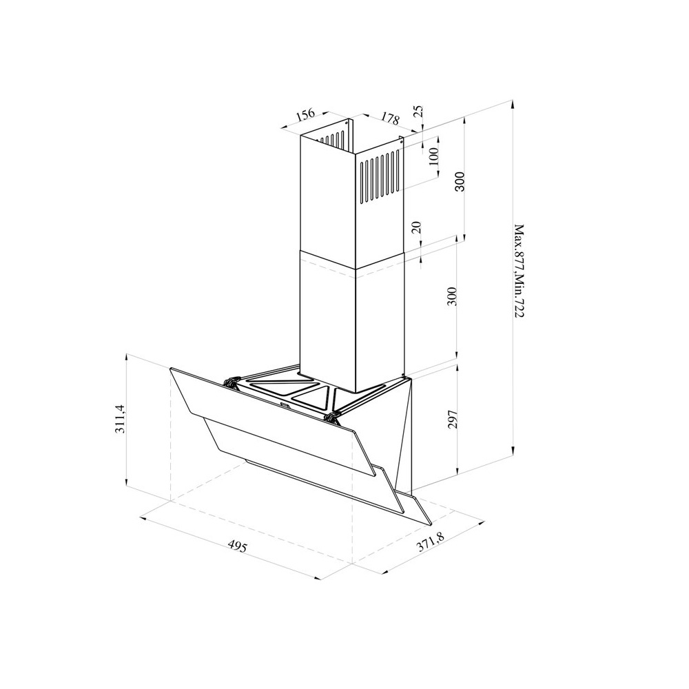 Technical drawing of a cooker hood with measurements and dimensions.