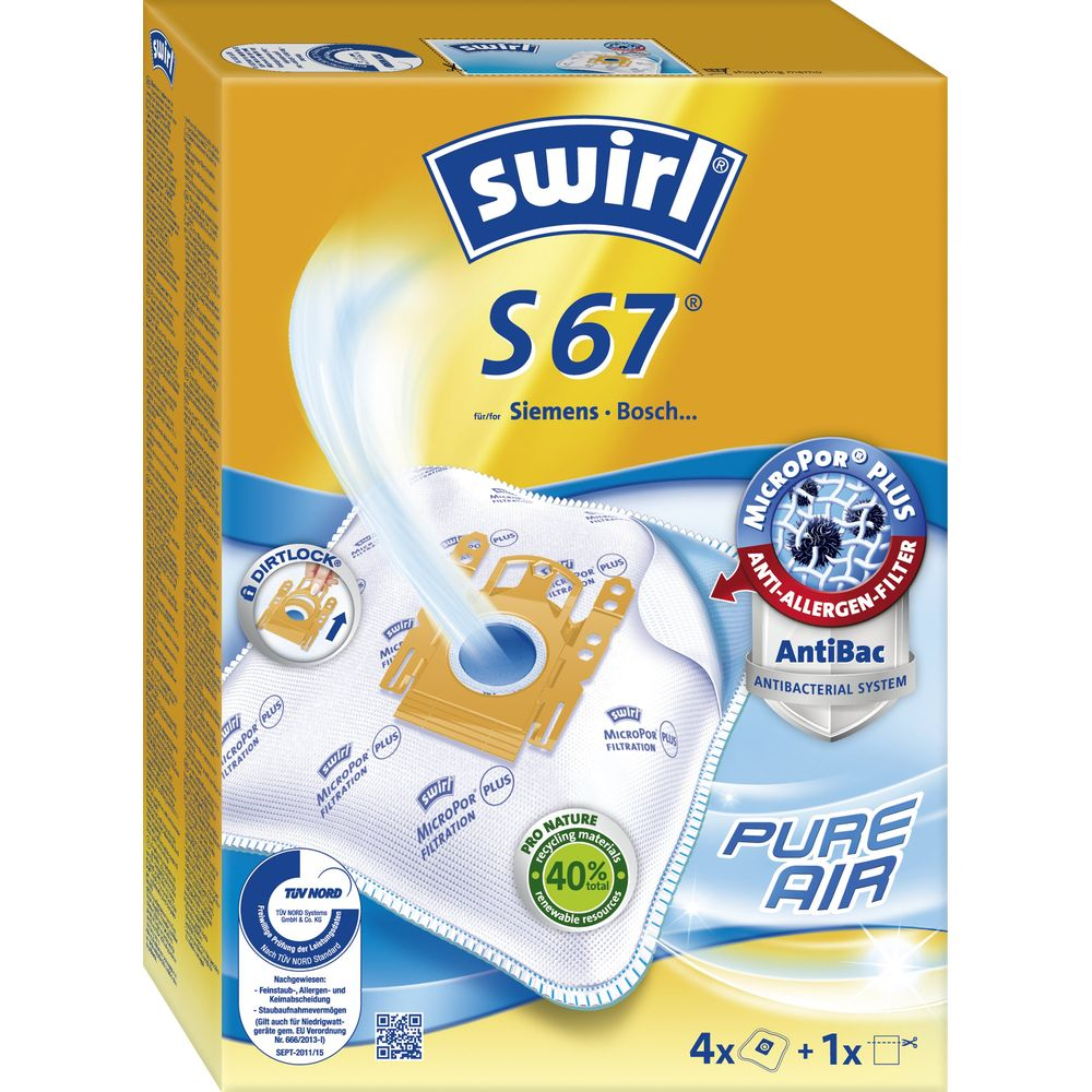 Caja amarilla de bolsas de aspiradora Swirl S67 con bolsas filtrantes y etiquetas como Pure Air y AntiBac.