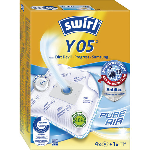 Caja amarilla de bolsas de aspiradora Swirl Y 05 con bolsa blanca y detalles azules.