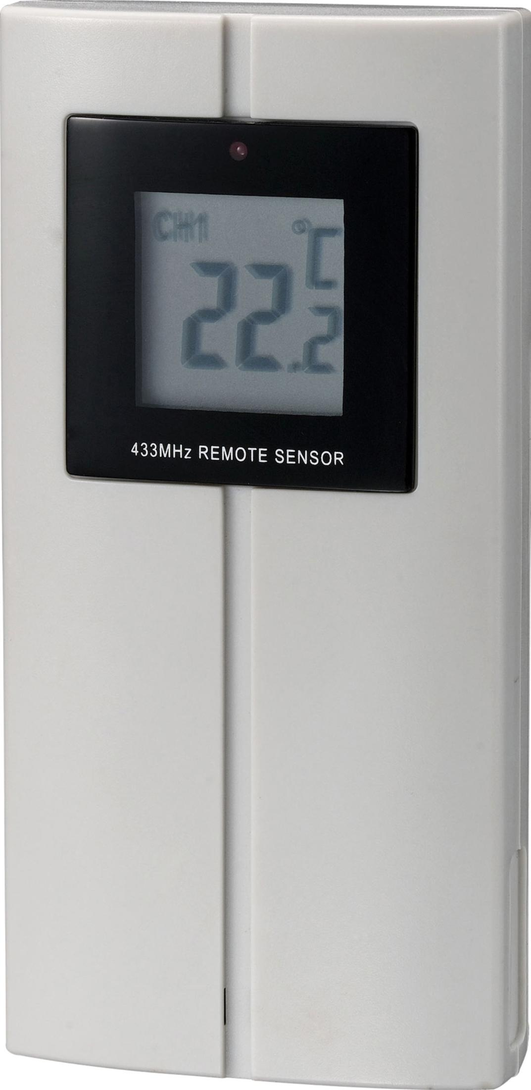Ein grauer 433MHz-Fernsensor mit digitalem Display zeigt 22,5 Grad Celsius an.