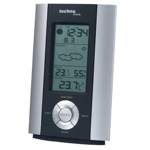 Eine graue und schwarze Technoline Wetterstation mit Digitaldisplay auf weißem Hintergrund.