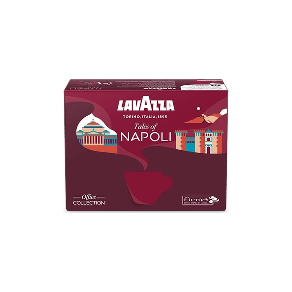 Una scatola di capsule di caffè Lavazza Tales of Napoli rosso scuro con illustrazioni di edifici.