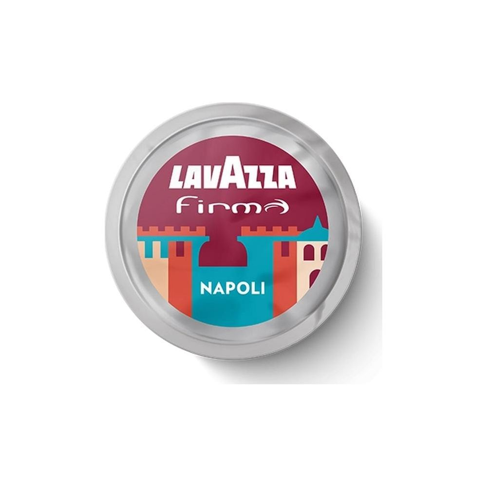 Capsula da caffè rotonda argentata con logo Lavazza Firma Napoli, illustrata in rosso e blu.