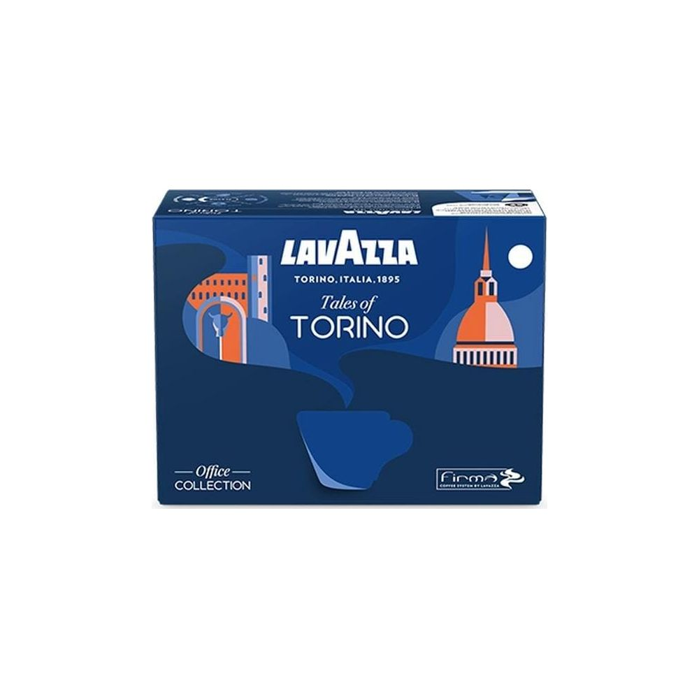 Scatola di capsule di caffè blu Lavazza Tales of Torino con illustrazioni di monumenti di Torino.