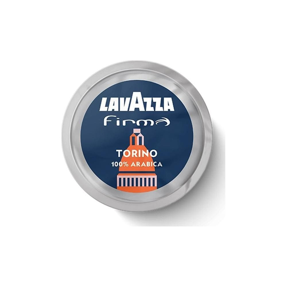 Coperchio rotondo per capsula di caffè Lavazza Firma in blu e argento, con logo Torino 100% Arabica.