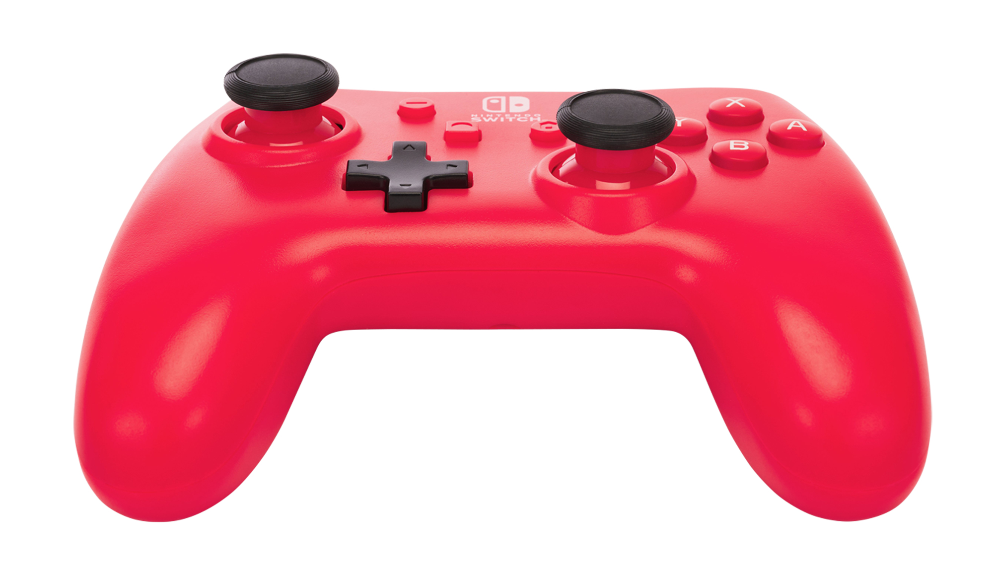 Un mando de juegos inalambrico rojo brillante con joysticks negros y una cruceta sobre fondo blanco.