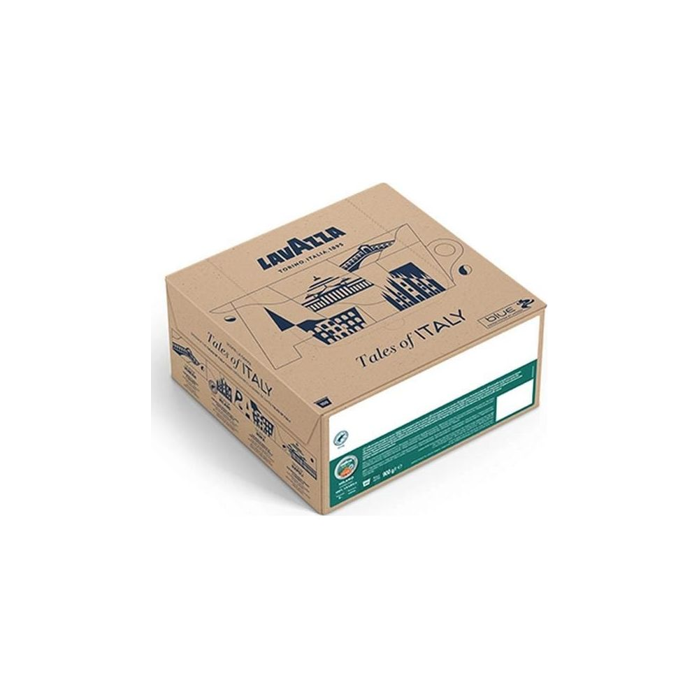 Una scatola di cartone marrone con etichetta Lavazza Tales of Italy e illustrazioni di monumenti italiani blu.