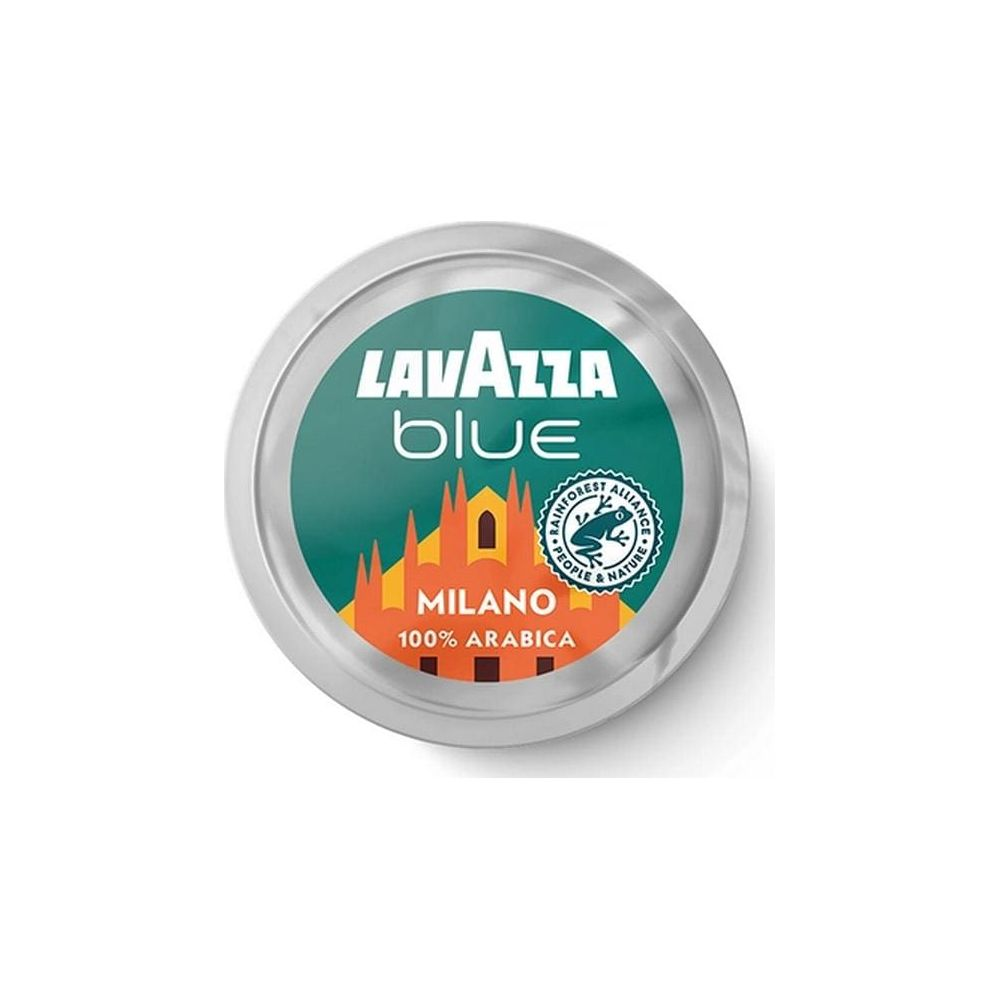 Capsula di caffè rotonda Lavazza Blue Milano con sfondo verde, cattedrale arancione e testo bianco.