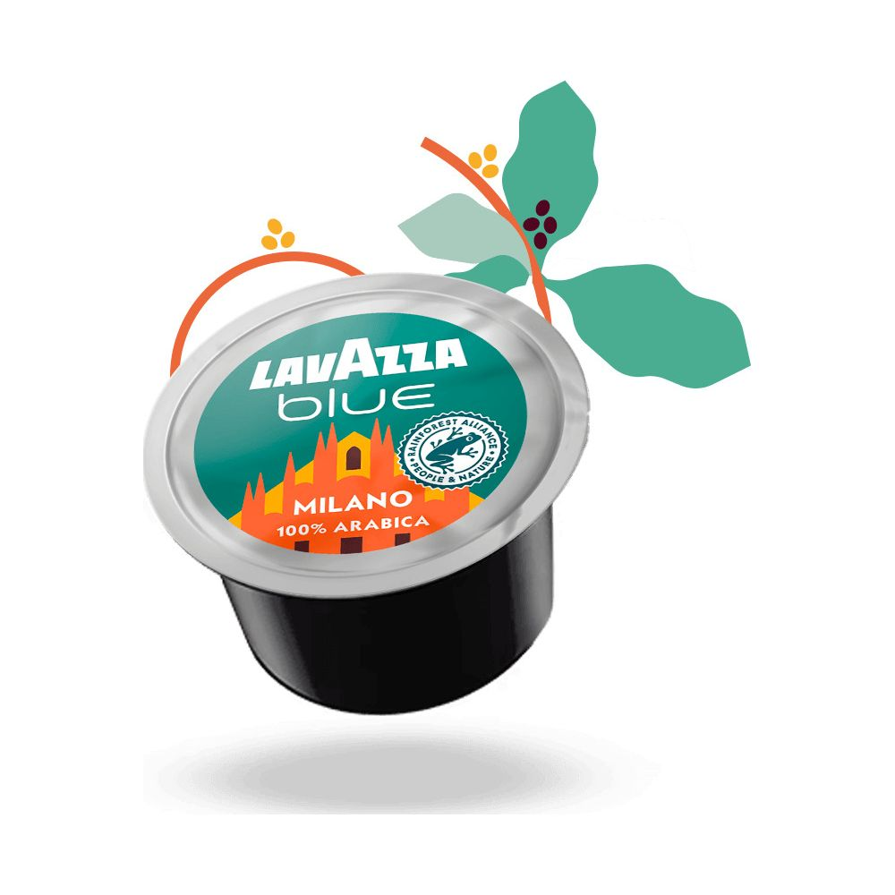 Capsula di caffè nera Lavazza Blue Milano con marchio verde, arancione e bianco, su sfondo bianco.