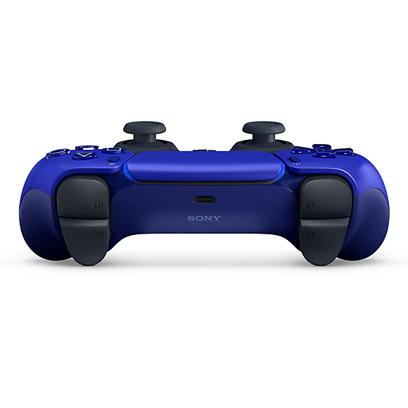 Vorderansicht eines blauen und schwarzen PlayStation 5 DualSense-Controllers auf weißem Hintergrund.