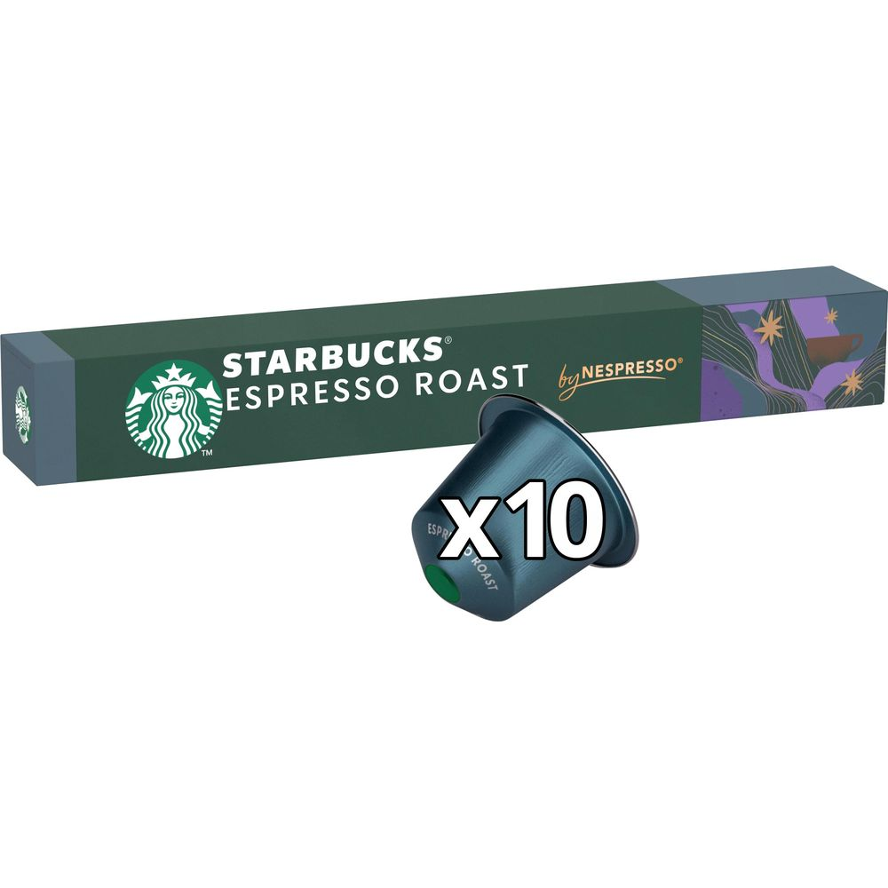 Una scatola di capsule Nespresso Starbucks Espresso Roast e una capsula blu scuro con x10.