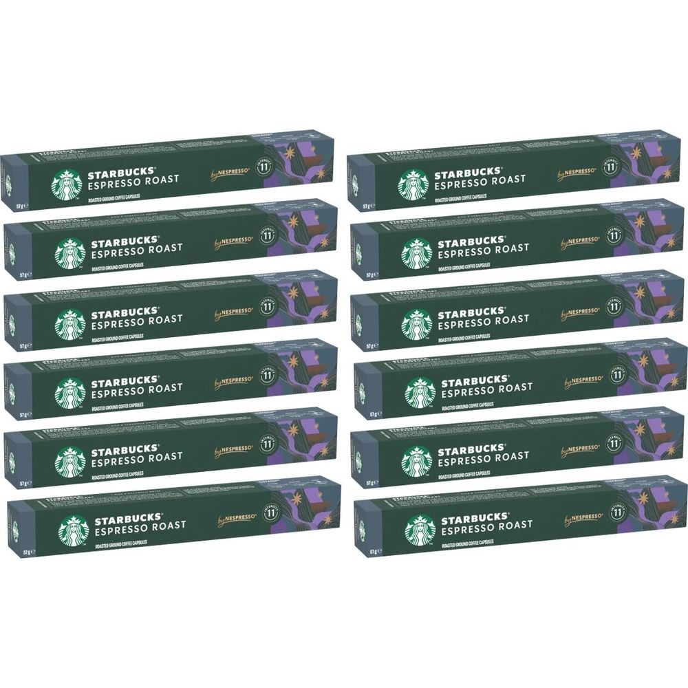 Dodici confezioni di capsule di caffè Starbucks Espresso Roast verde scuro in due colonne uguali su sfondo bianco.