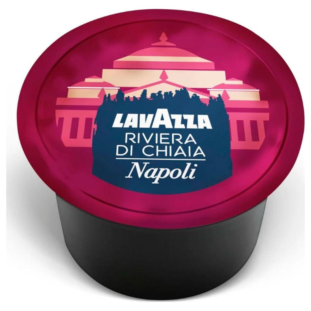 Una capsula di caffè Lavazza con coperchio rosa raffigura Napoli e Riviera di Chiaia.