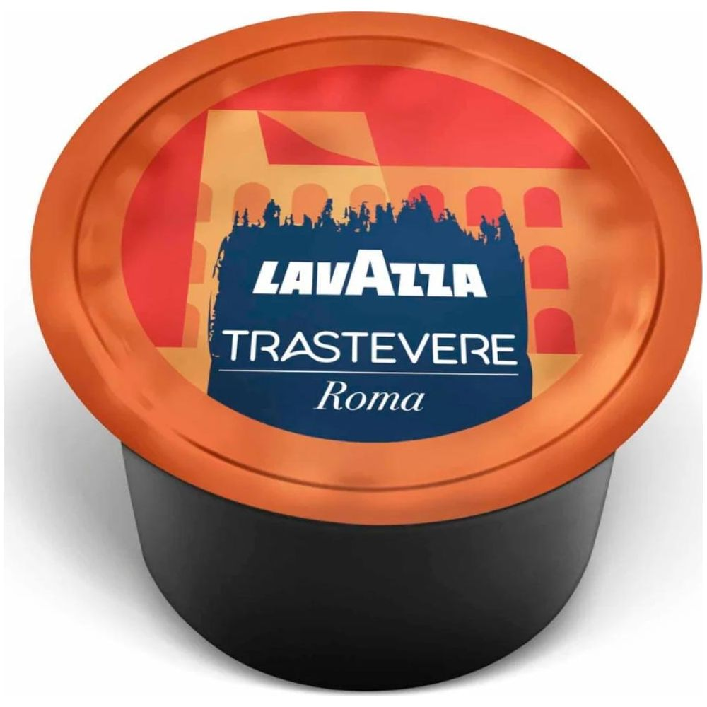 Capsula di caffè Lavazza Trastevere Roma con bordo arancione e grafica romana.