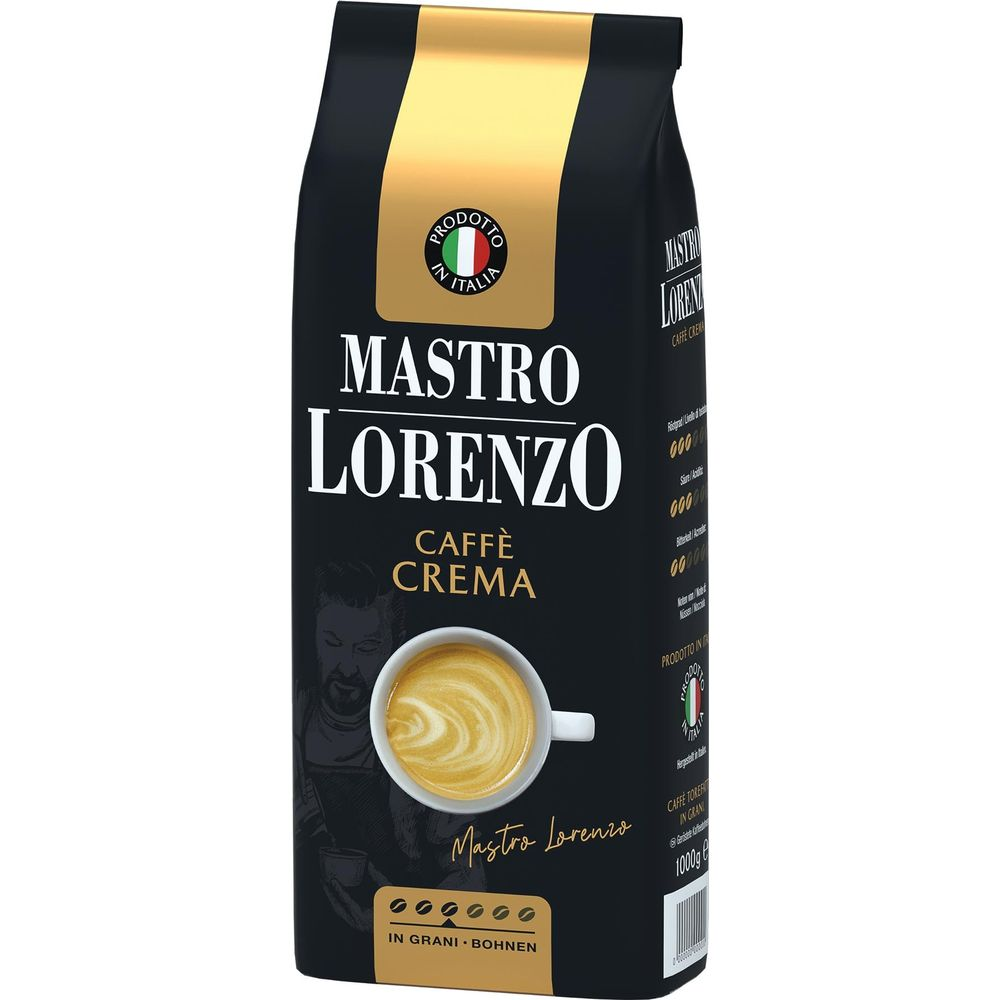 Confezione di caffè nera con fascia dorata, scritta Mastro Lorenzo Caffè Crema e tazza di caffè.