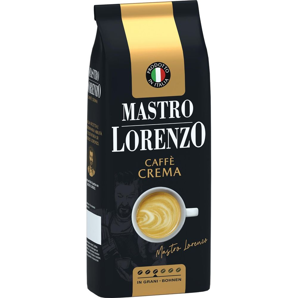 Confezione di caffè nero Mastro Lorenzo Caffè Crema con una tazza di caffè e fascia dorata.