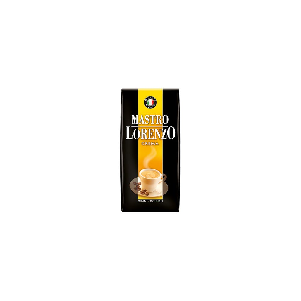 Confezione di caffè nero Mastro Lorenzo Crema con una tazza di caffè e chicchi di caffè su sfondo giallo.