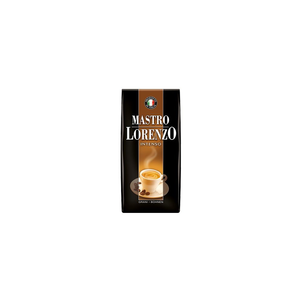 Confezione di caffè nero Mastro Lorenzo Intenso con una tazza di espresso e chicchi.