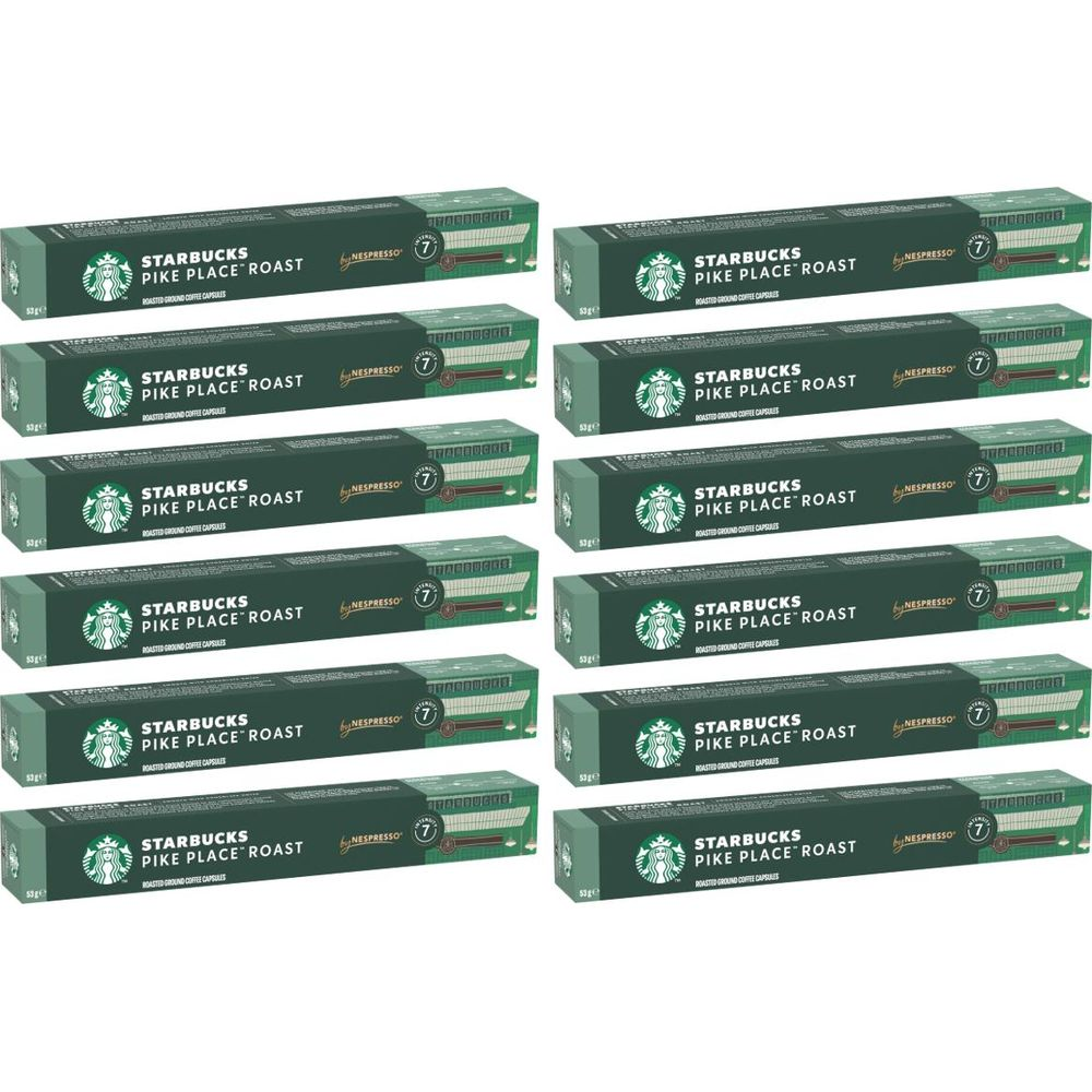 Dodici scatole verdi di capsule di caffè Starbucks Pike Place Roast per Nespresso in due colonne.