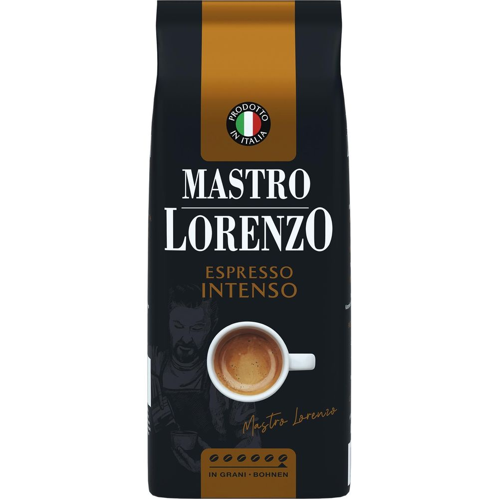 Busta di caffè in grani nero Mastro Lorenzo Espresso Intenso con tazzina di espresso e logo bandiera italiana.