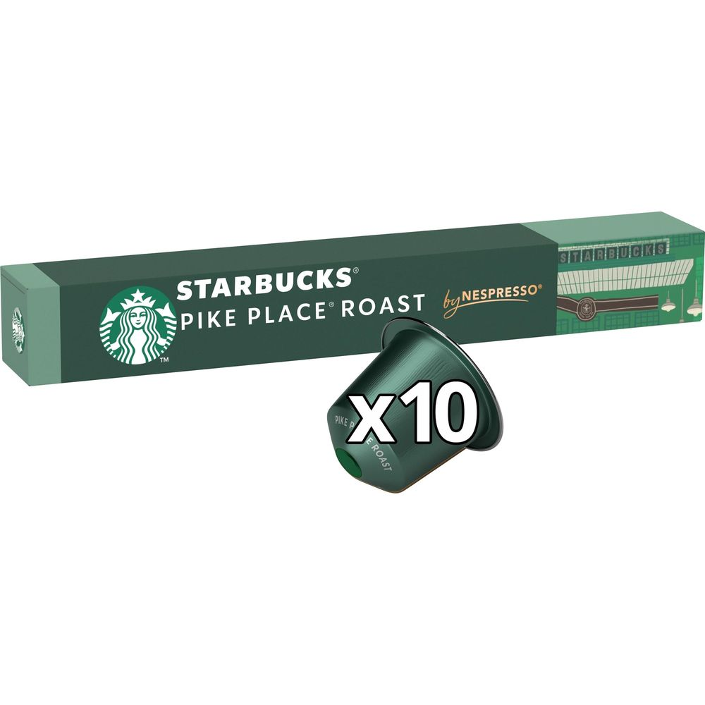 Una scatola di capsule Nespresso Starbucks Pike Place Roast verde con una singola capsula e la scritta x10.