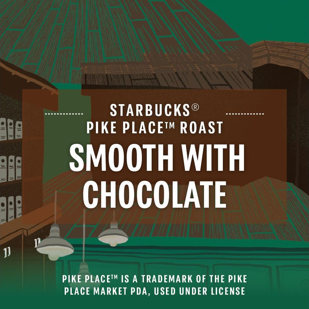 Confezione di caffè Starbucks Pike Place Roast con le parole Smooth with Chocolate su sfondo marrone e verde.